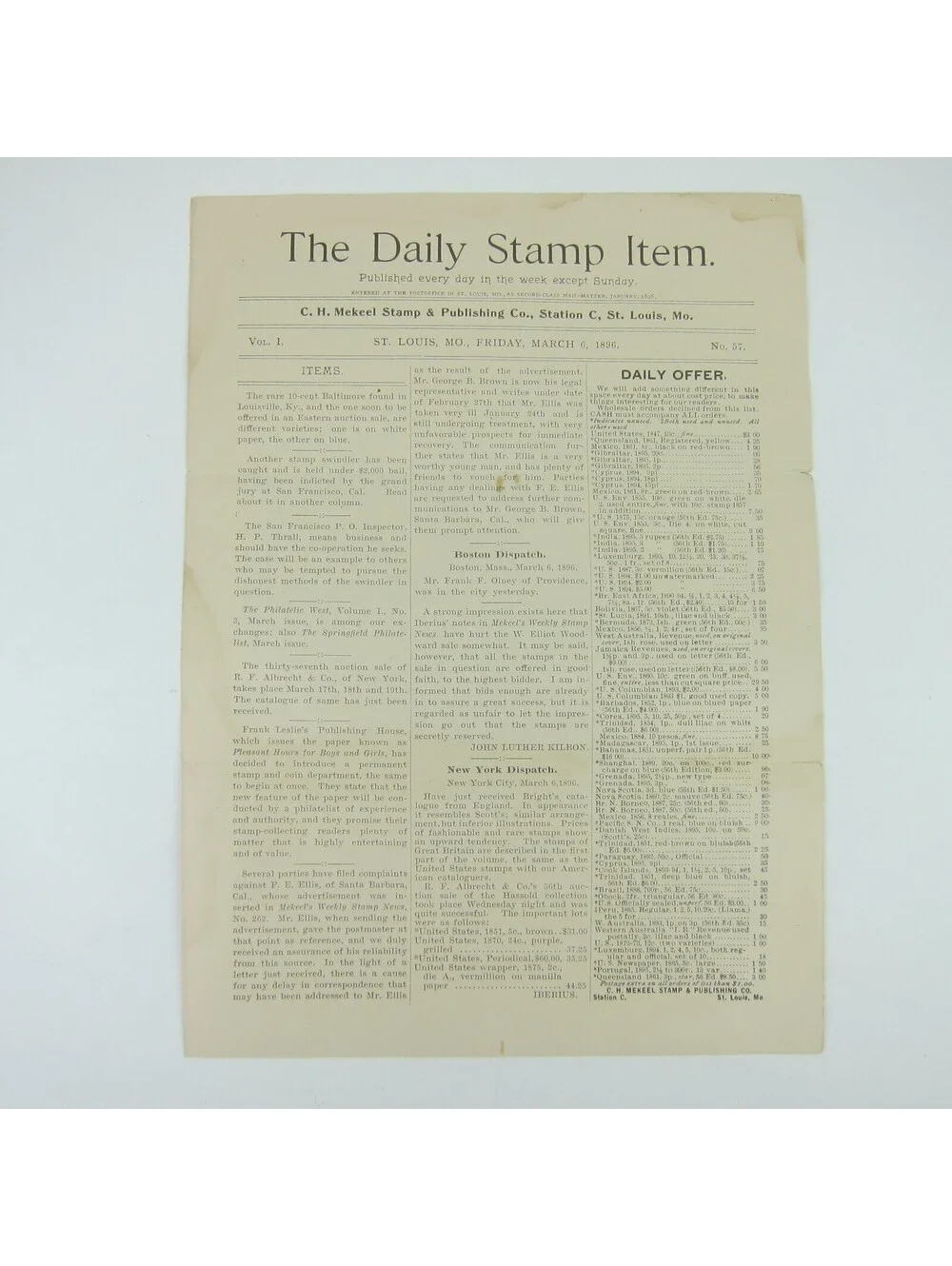 The Daily Stamp Item Collectors Newspaper Magazine Philatelic Antique 1896 RARE